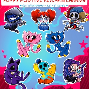 May include: A collection of Poppy Playtime keychain charms. The image displays glitter charms, each measuring approximately 6.35 to 7.62 cm. The charms feature characters in bright colours, including blue, pink, purple, and yellow.