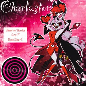 Puede incluir: Un expositor de San Valentín con los personajes Charlastor, con una combinación de colores rosa y rojo. El expositor mide 2,13 metros de altura con una base de 1,22 metros. La imagen incluye el texto "Charlastor" y el nombre del artista.