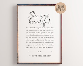 She Was Beautiful F Scott Fitzgerald Quote, Girls Room Wall Art, Motivational Wall Art, Inspirational Quote, Digital Print
