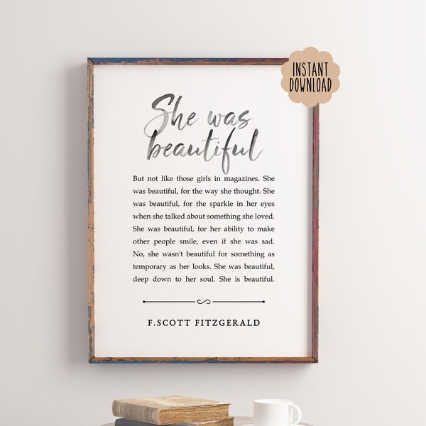 She Was Beautiful F Scott Fitzgerald Quote, Girls Room Wall Art, Motivational Wall Art, Inspirational Quote, Digital Print