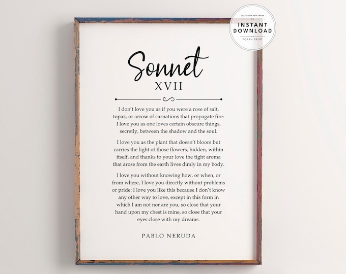 100 Love XVII Quote Prints Pablo Neruda I Love You