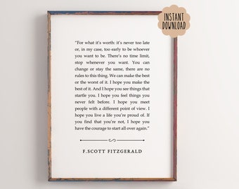 For What Its Worth Fitzgerald, F Scott Fitzgerald Quote Wall Art, Motivational Wall Art, Inspirational Quote, Digital Print