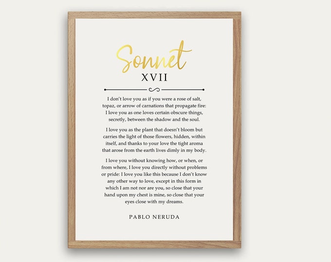 100 Love XVII Quote Prints Pablo Neruda I Love You