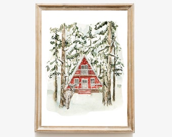 Winter Cabin Print, Christmas Wall Art, Winter Forest Print, Christmas Printable, Christmas Prints, Christmas Decor, Digital Print