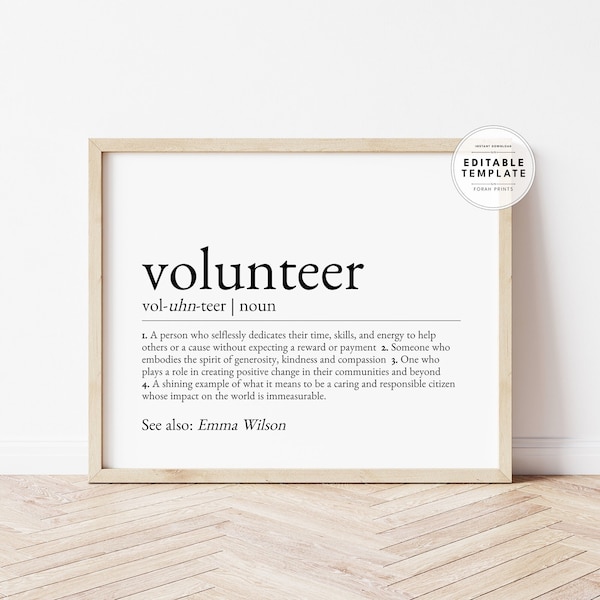 Definição de Voluntariado Editável para Imprimir, Presente de Agradecimento a Voluntários (Download Digital)