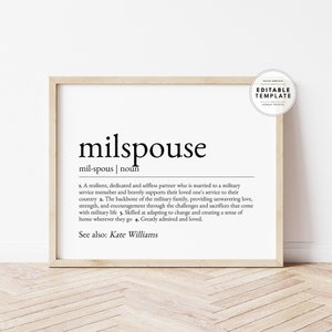 Editable Custom Milspouse Definition, Military Spouse Appreciation, Gift for Military Spouse, Military Spouse Gifts, Digital Print