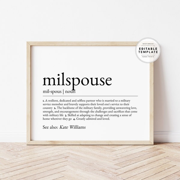 Editable Custom Milspouse Definition, Military Spouse Appreciation, Gift for Military Spouse, Military Spouse Gifts, Digital Print