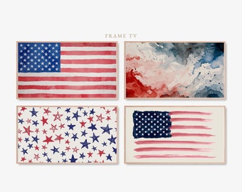 Frame Tv 4th of July Art, Bundle of 4, Watercolor Abstract Flag Art, Memorial Day, Independence Day, Patriotic Print, Digital Print