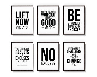 Gym Quote Art Prints: Motivational Typography, Set of 6 (Digital Prints)