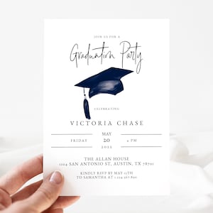 May include: A white graduation party invitation with a blue graduation cap illustration. The invitation reads "Join us for a Graduation Party" and includes the name "Victoria Chase", the date "May 20, 2022", the time "4 PM", the location "The Allan House, 1104 San Antonio St, Austin, TX 78701", and the RSVP information "Kindly RSVP by May 15th to Samantha at 1.234.567.890".