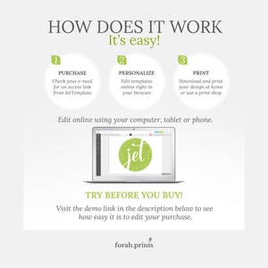 May include: A green and white graphic showing how to use a printable template. The graphic shows three steps: purchase, personalize, and print. The graphic also includes a laptop screen showing a template being edited. The text on the graphic says "How does it work? It's easy!" and "Try before you buy!"