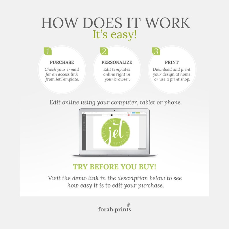 May include: A green and white graphic showing how to use a printable template. The graphic shows three steps: purchase, personalize, and print. The graphic also includes a laptop screen showing a template being edited. The text on the graphic says "How does it work? It's easy!" and "Try before you buy!"