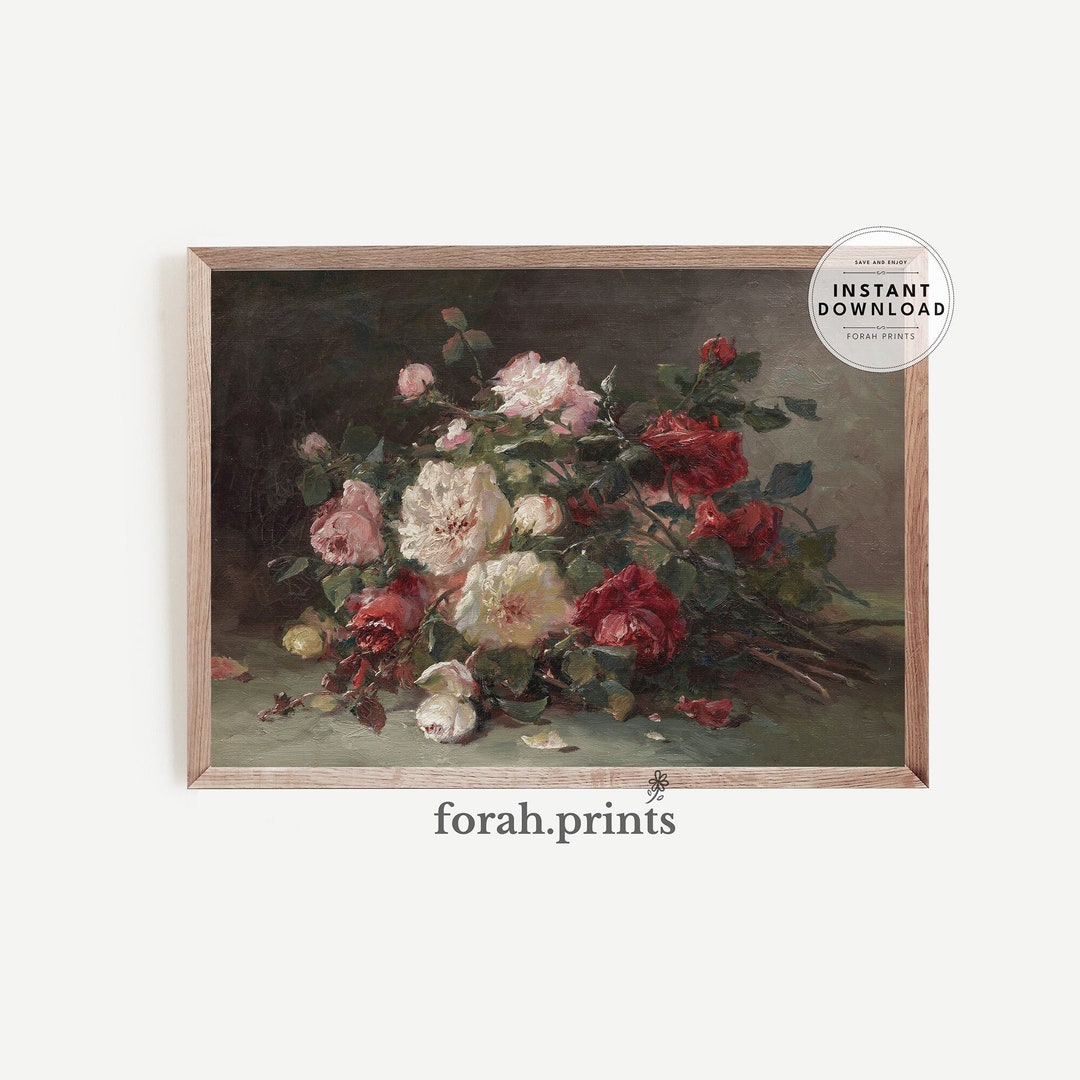 Vintage Floral Still Life Art Print: Moody Flower Painting (digital ...