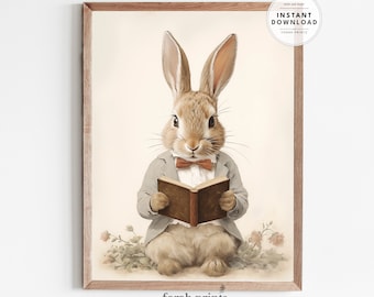 Easter Bunny Print: Gentleman Rabbit Reading (Digital Print)