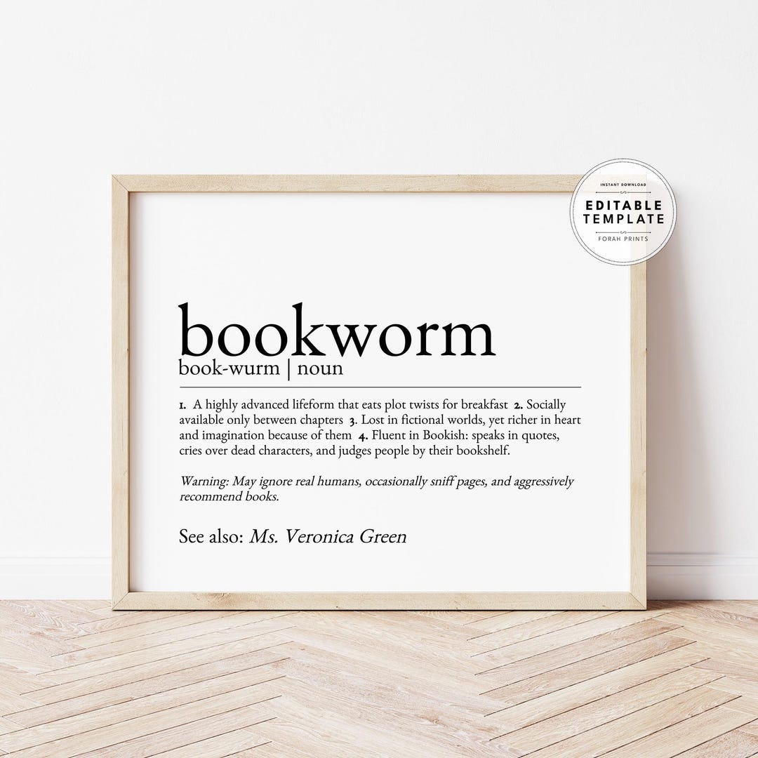 Editable Funny Bookworm Definition Art, Book Lover Gift (digital Print ...