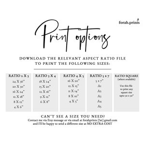 Peut inclure: Fond blanc avec l'inscription "Print options" en &eacute;criture &eacute;l&eacute;gante. L'image r&eacute;pertorie les formats d'impression en centim&egrave;tres pour diff&eacute;rents rapports d'aspect, dont 2x3, 3x4, 4x5 et 5x7, et une option carr&eacute;e. Le nom de la boutique Etsy "forah.prints" est en haut &agrave; droite.