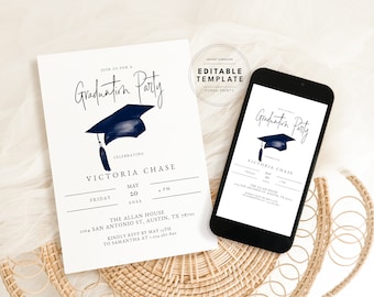 Editable Navy Blue Graduation Invitation Template, Party Invites (Digital Print)