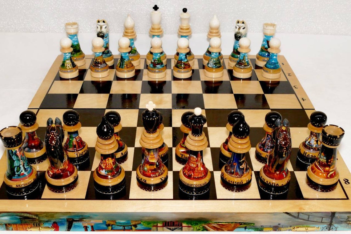 Stunning Wooden Chess Sethand Board and Pieceshand Painted Etsy UK