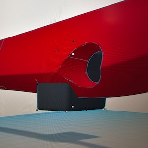 May include: A red 3D model of a plane with a black engine and a gray landing gear. The model is on a grid background.