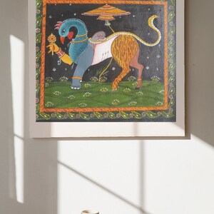 Traditional painting, Navagunjara (a creature consists of nine animals) pattachitra,13.5&quot;×15&quot;