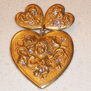Stunning Vintage  Art Nouveau Gold Heart Shaped Pin/Brooch w/Womens Faces & Rhinestones 3 1/8&quot; Tall