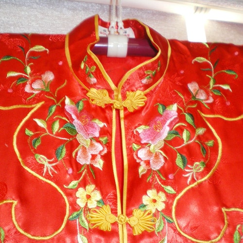 Wonderful Vintage Chinese Red Jacquard Silk Long Jacket by shops Golden Bee w/Embroidered Floral Design For Man or Woman sz L to XL