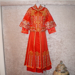 Stunning Vintage Chinese Kua Wedding Cheongsam Dress Highly Embroidered Chinese Sz  S #1