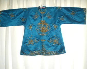 Stunning Old Chinese ESME Blue Silk Jacket w/Embroidered & Couched Gold Dragon Roundels More sz L