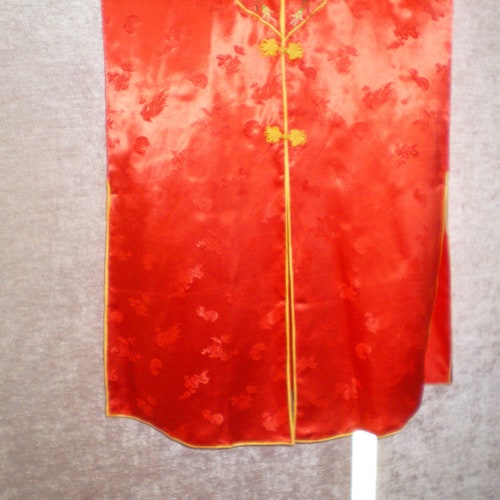 Wonderful Vintage Chinese Red Jacquard Silk Long Jacket by shops Golden Bee w/Embroidered Floral Design For Man or Woman sz L to XL
