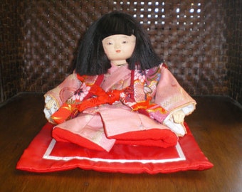 Wonderful Vintage Large Japanese ICHIMATSU Ningyo Girl Doll- Sitting on Red Pillow Signed