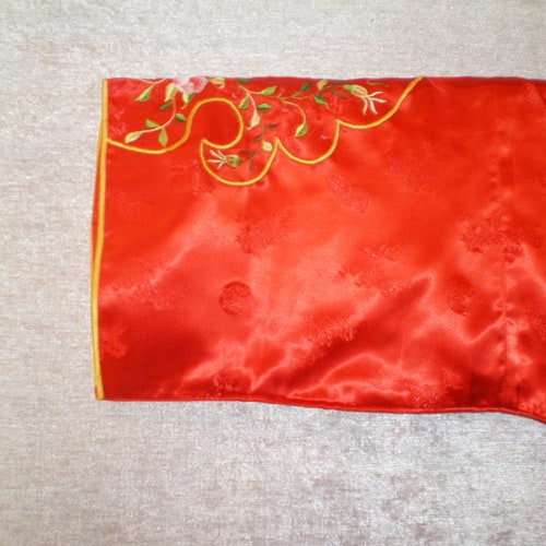 Wonderful Vintage Chinese Red Jacquard Silk Long Jacket by shops Golden Bee w/Embroidered Floral Design For Man or Woman sz L to XL