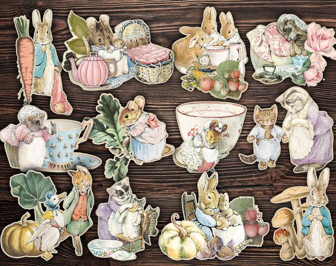 Beatrix Potter Fussy Cut, Peter Rabbit Vintage Floral Fussy Cut, Autumn