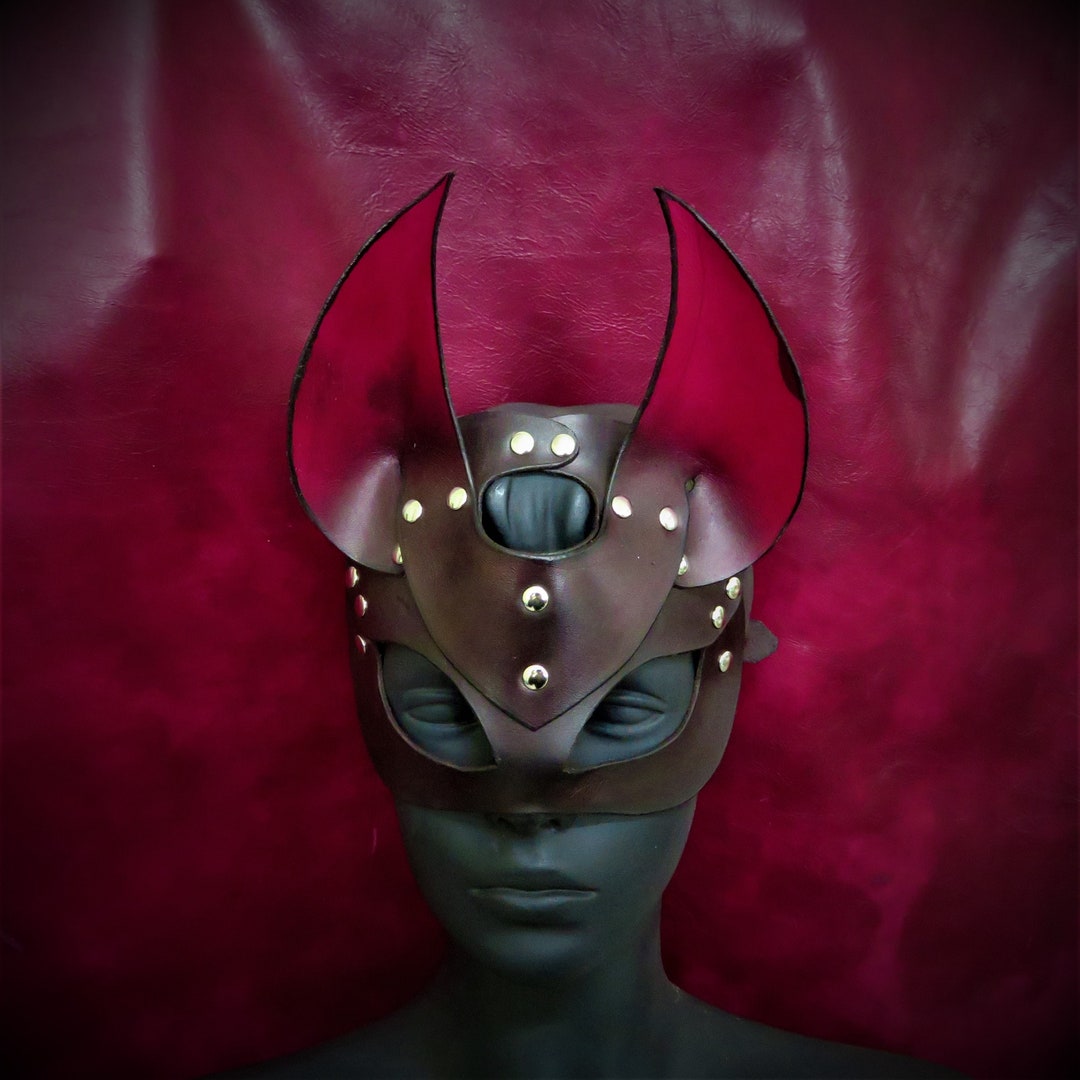 Handmade Leather Devil Mask, Black Red Mask, BDSM Leather Devil Mask