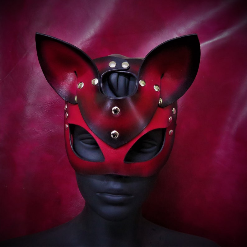 Handmade Leather Cat Mask, Black Red Mask, BDSM Leather Cat Mask, Sexy