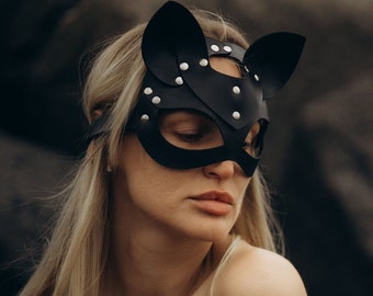 Handgefertigte Katzen Maske aus Leder: Masquerade Petplay Accessoire