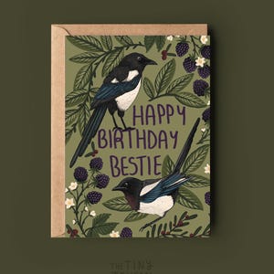 Magpie Best Friend Birthday Card- A6 Happy Birthday, Cottagecore, Mushrooms, Woodland, Matte extra thick recycled card - Blank Inside  stars