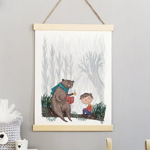 NURSERY BEAR PRINT, Wall Art, Story Time, Bear in the Forest, Woodland, Cosy, A4/A3 Fine Art Print