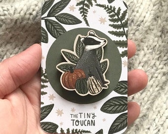 Little Badger Pin- Badger, Gourds and Pumpkins illustration- Sustainably sourced European wood- Cottagecore- Made in the UK