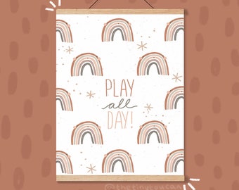 Speel de hele dag! Gender neutrale Boho Nursery Art Print- Aardetinten- Regenboog- Sterren- Scandi Decor- Nordic Decor- Havermout en Terracotta