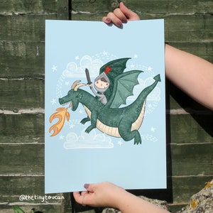 DRAGON NURSERY ART, Wall Art, A4/A3 Fine Art Print Print, Kids Bedroom, Dragon and Knight