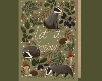 Badger Christmas Card- HEDGEROW RANGE- A6, Matte thick recycled card. brown kraft envelopes, Available as a set