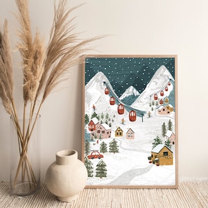 Snowy Ski Scene Fine Art Print, Christmas Decor, Christmas Art Print, Christmas Decor