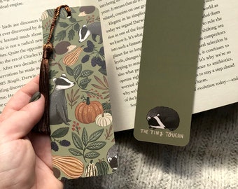 Badgers and Gourds bookmark. Pumpkins, Hedgehog Autumnal- With or without tassel-  Book worm gift- Book lover-  Pretty Stationery