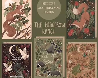 Christmas Card Multipack- HEDGEROW- A6 set of 5 designs, Matte thick recycled card. brown kraft envelopes