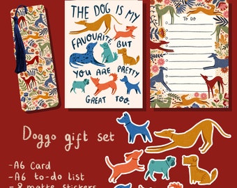 Coffret cadeau Saint-Valentin chiens - Carte Le chien est ma préférée - Coffret cadeau papeterie - Marque-page - Liste des tâches du bloc-notes - Stickers - Marque-page - Amateur de livres