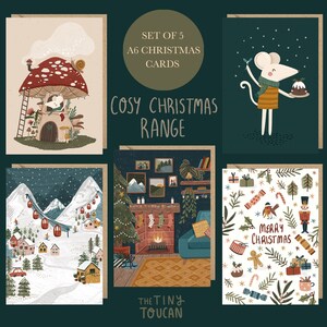 Weihnachtskarte Multipack- COSY- A6 Set mit 5 Designs, Matte dicke recycelte Karte. braune Kraftpapier Umschläge