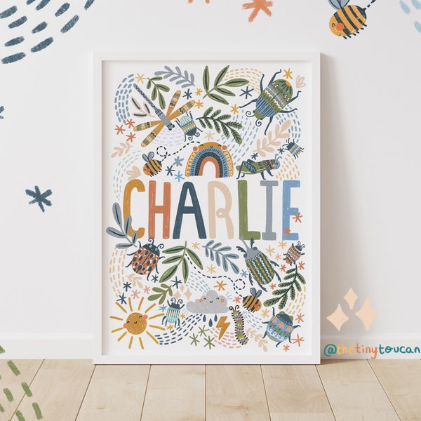 BUGS NAME A4-A3 PRINT- Beetle Name Art- Nursery Wall Art- Cool Name Art- Kids Bedroom Name Art