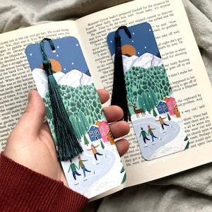 Snowy mountain bookmark. Ice Skaters illustration- Ski- Winter- Cosy- With or without tassel- Christmas bookmark- Book lover- Stationery