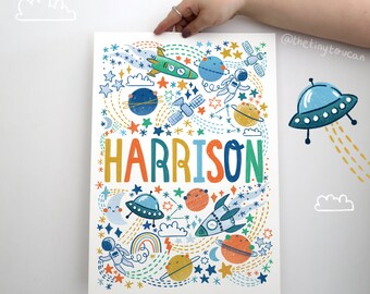 SPACE NAME PRINT- Nursery Wall Art- Astronaut- Gender Neutral Decor- Kids Bedroom Name Art- Available A3 or A4