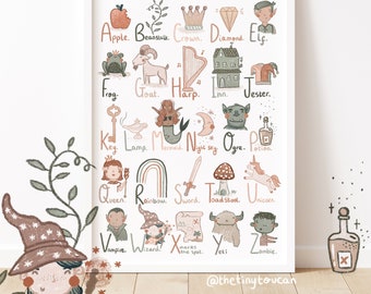 Magical Fairytale ABC Print- Magic Alphabet- Nursery Wall Art- Muted Earth Tones Colours- Fantasy- DnD art